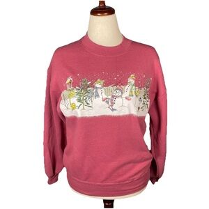 Vintage Jerzees Crew Neck Sweatshirt Winter Snowmen Size Medium In Pink Grandma